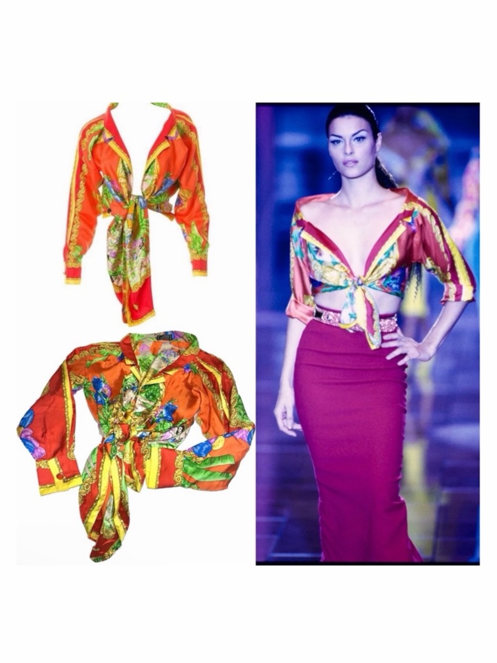 Gianni Versace Vintage SS 1993 Paradise Lost Printed Silk Off Shoulder Blouse